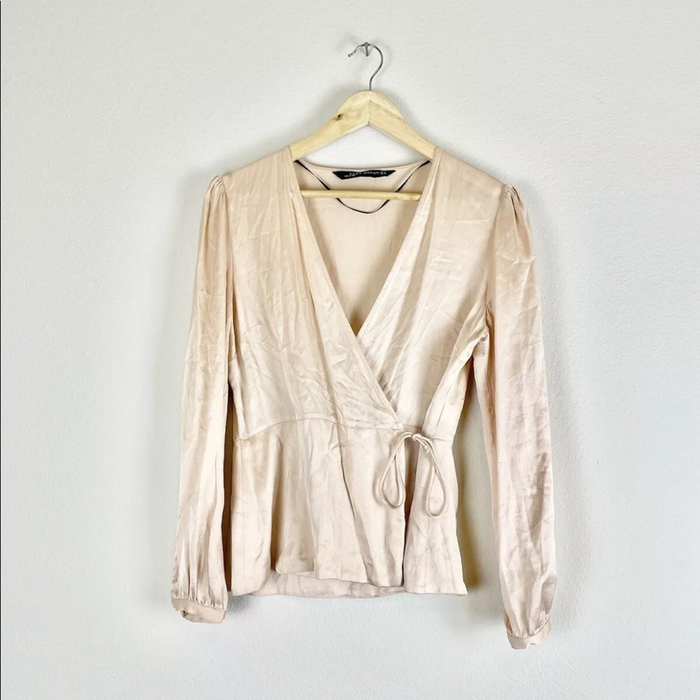 Zara Blouse Small Womens Pink Satin V-Neck Long Sleeve Genuine Wrap Top Viscose - Picture 11 of 12